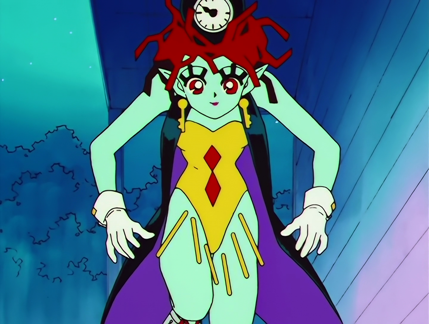 Tenko, a Lemures from Sailor Moon episode 134. Her skin is turquoise and she has chaotic red hair. She wears a yellow one-piece outfit with dangling yellow attachments, and a black and purple cape. She has large, round eyes with large eyelashes, earrings that look like keys, and a time bomb on her head. She’s leaning over with her arms out like she’s ready to pounce.